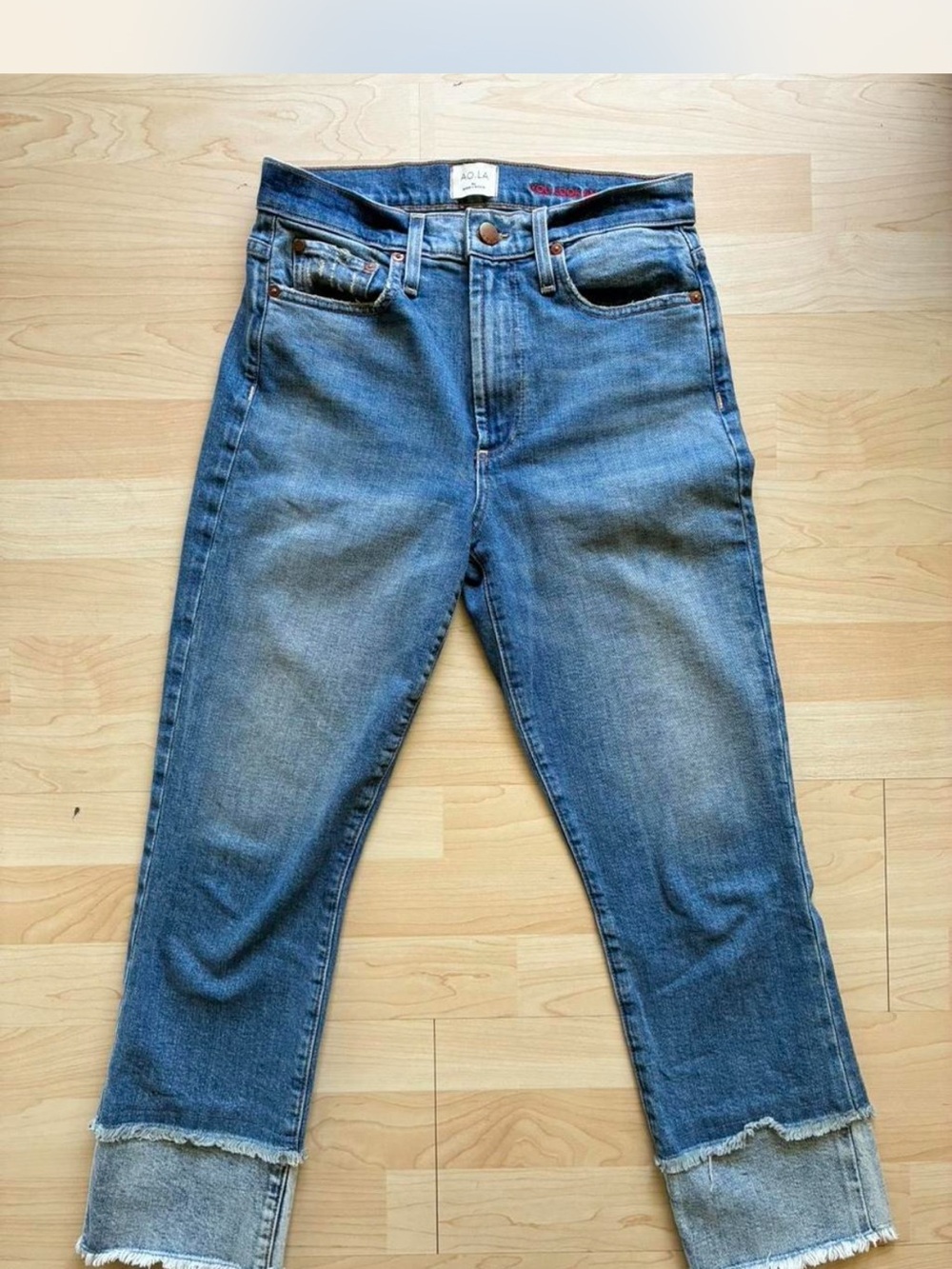 Alice + Olivia High-Rise Cropped Blue Jeans with Raw Hem